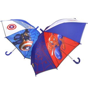 Anti-knijp paraplu met cartoonmotief voor kinderen in blauw, rood en paars met witte achtergrond