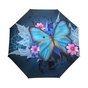 Blauwe vlinderparaplu van kinderen met roze bloemen en witte achtergrond