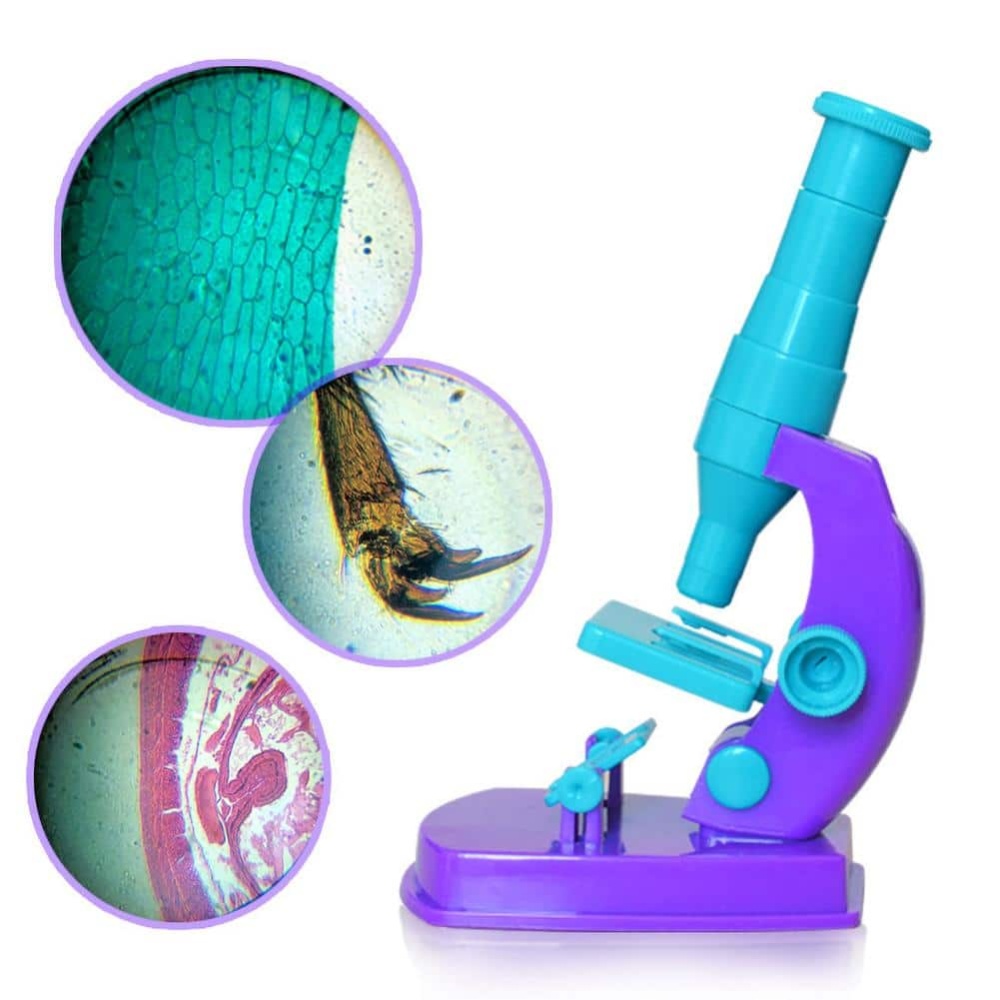 DIY 150x microscoop voor paars en blauw DIY op een witte achtergrond