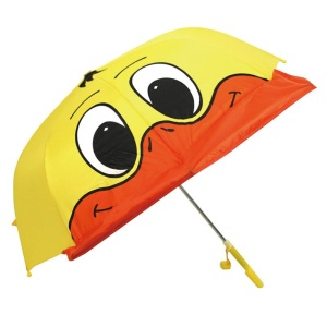 Eendvormige paraplu met geel en oranje fluitje op een witte achtergrond