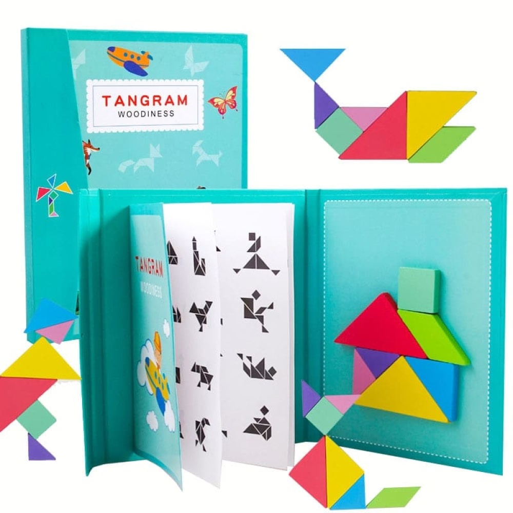 Turquoise geometrische 3D magnetische puzzel met gekleurde motieven op een witte achtergrond