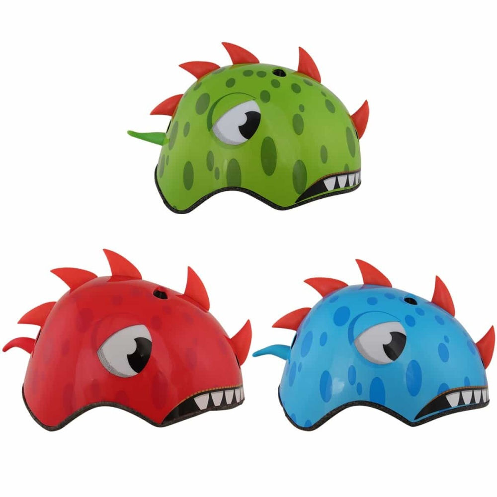 Hoge dichtheidshelm in de vorm van een dinosaurus Hoge dichtheidshelm in de vorm van een rode, groene en blauwe dinosaurus met een witte achtergrond