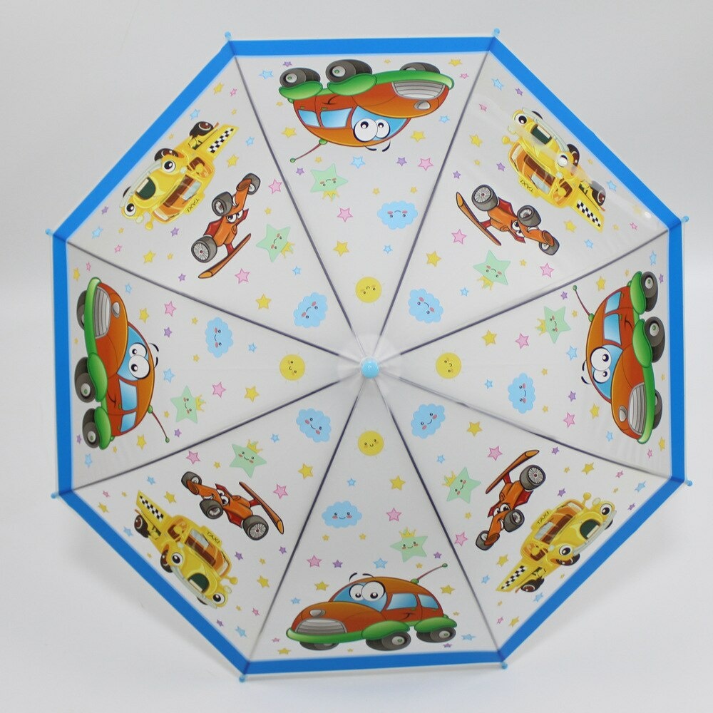 Kinderparaplu met witte cartoonprint met blauwe lijfjes en witte achtergrond