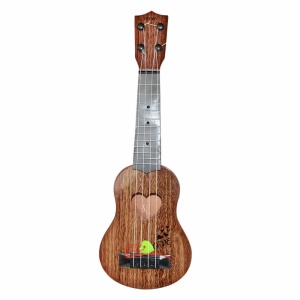 Mini 4-snarige gitaar met bruin hartontwerp op witte achtergrond