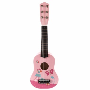 Mini houten gitaar met 6 roze snaren op een witte achtergrond