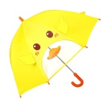 Paraplu in de vorm van een dier met transparant geel venster met bruine ogen, en rood handvat met witte achtergrond