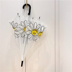Transparante bloemenparaplu met zwart handvat op witte achtergrond
