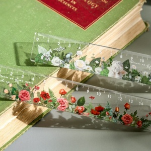 15 cm rechte liniaal met transparant bloemmotief voor kinderen op een boek in groen