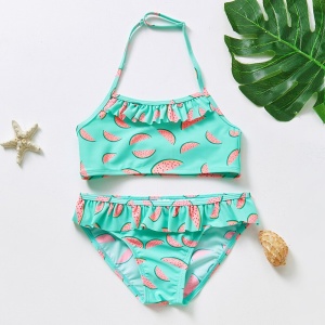 2-delig zwempak met watermeloenprint voor meisjes in turquoise met zeesterren, een plant en een schelp