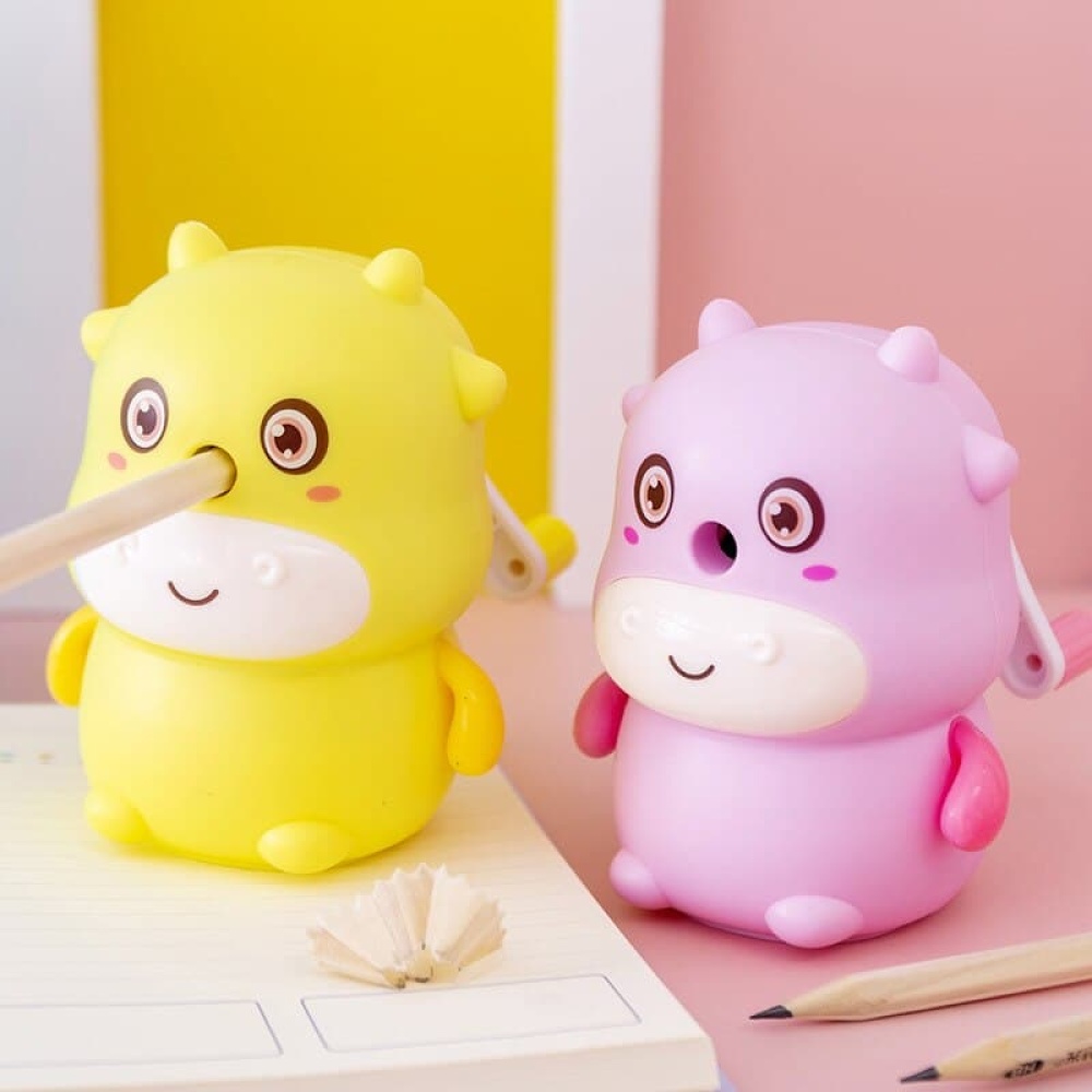 Kinderpotloodslijper in geel en roze 3D cartoonvorm met witte mond