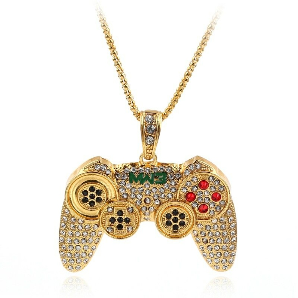 Kinderketting met joystickhanger Kinderketting met gouden joystick hanger met knoppen in zwart en rood, met diamanten en gouden ketting