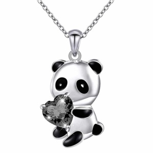Kinderketting met zwarte en zilveren panda hanger met zwart diamanten hart en zilveren ketting