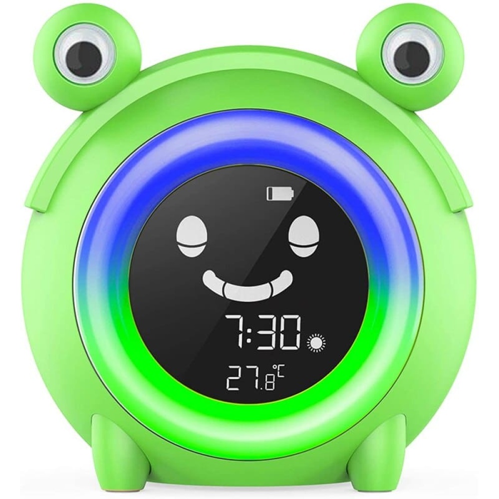 Groene kikkerwekker met grote ogen en blauw licht