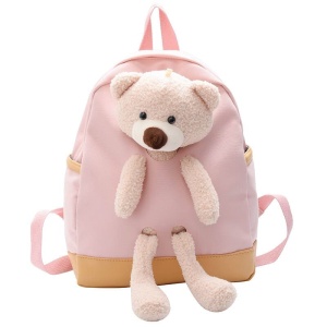 Nylon tas met roze en bruine teddybeer met zwarte ogen