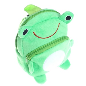 Schooltas in de vorm van een groene en witte pluche kikker met een rode glimlach