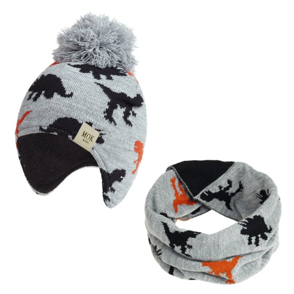 Set grijze dinosaurusmuts en sjaal met pompon en oranje en zwarte motieven voor kinderen