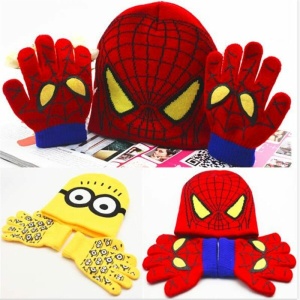 Stripmuts en handschoenen voor kinderen, rode en blauwe Spiderman en gele en zwarte Minion