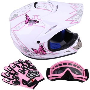 Volgelaatshelm voor kinderen met veiligheidsbril en handschoenen in roze op wit