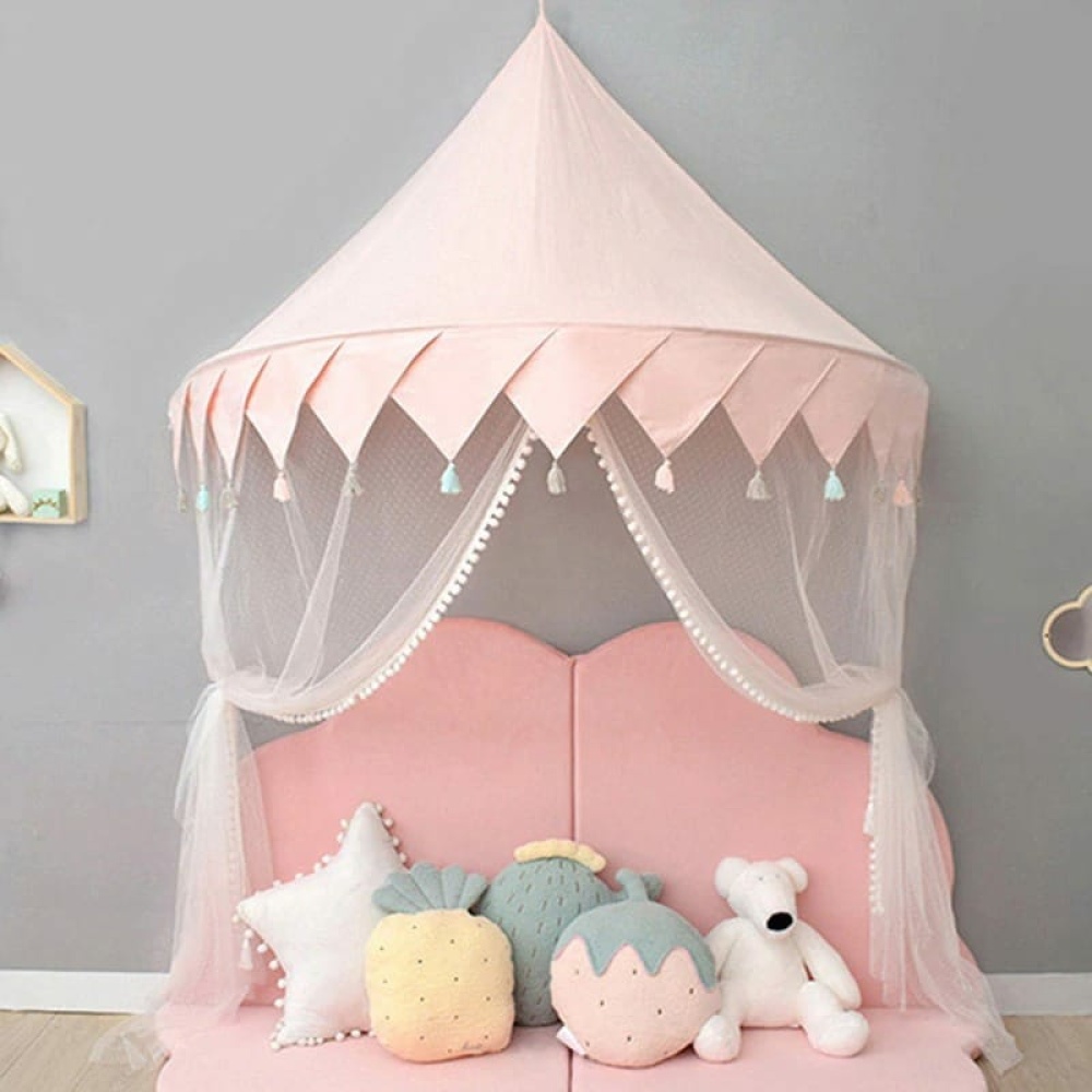Hangende tipi voor kinderen Roze kindertipi met knuffels voor een grijze muur