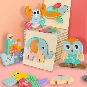 3D houten puzzel voor baby's met kleurrijke houten dierenvormen voor een kleurrijke muur