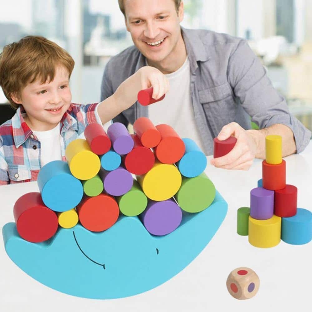 Educatief houten hersenspel voor kinderen met blauwe maan en kind met vader