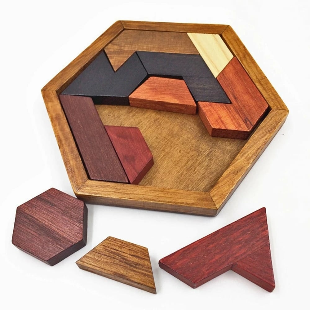 Zeshoekige puzzel bruin in donker hout
