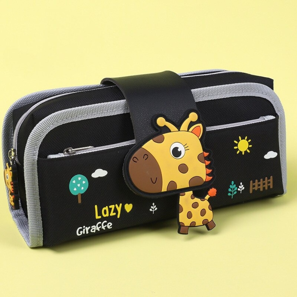 2 in 1 kinderpotloodetui met giraffedessin in zwart en grijs op een gele achtergrond