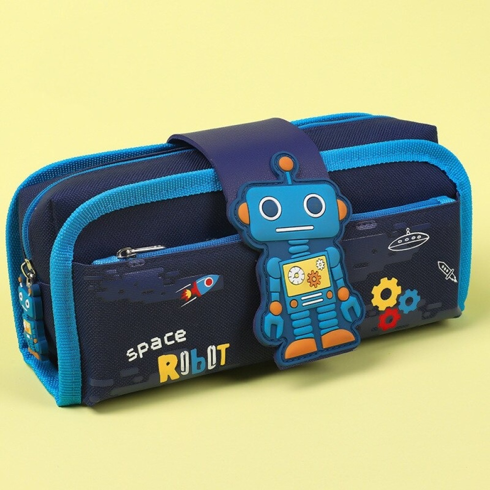 2 in 1 kinderpotloodetui met robotontwerp in blauw met motieven op een gele achtergrond