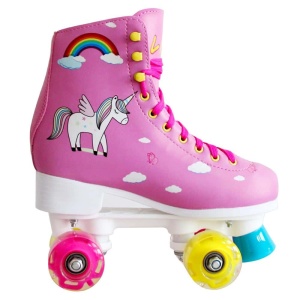 Roze eenhoorn 4-wielige schaatsen voor kinderen met roze en gele wielen