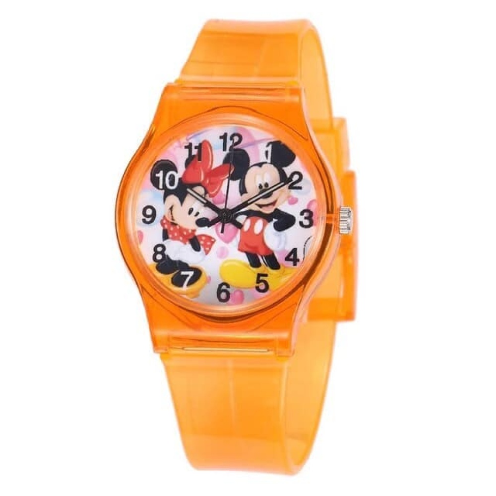 Kinderhorloge met oranje Mickey- en Minnie-motief op een witte achtergrond