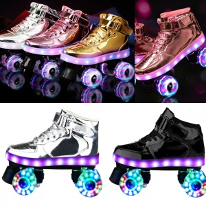 Rolschaatsen in de stijl van sportschoenen. De rolschaatsen zijn verkrijgbaar in verschillende kleuren: wit, zwart, roze, goud, enz. De rolschaatsen hebben een verlichte strip en verlichte wielen, die allemaal opgeladen kunnen worden.