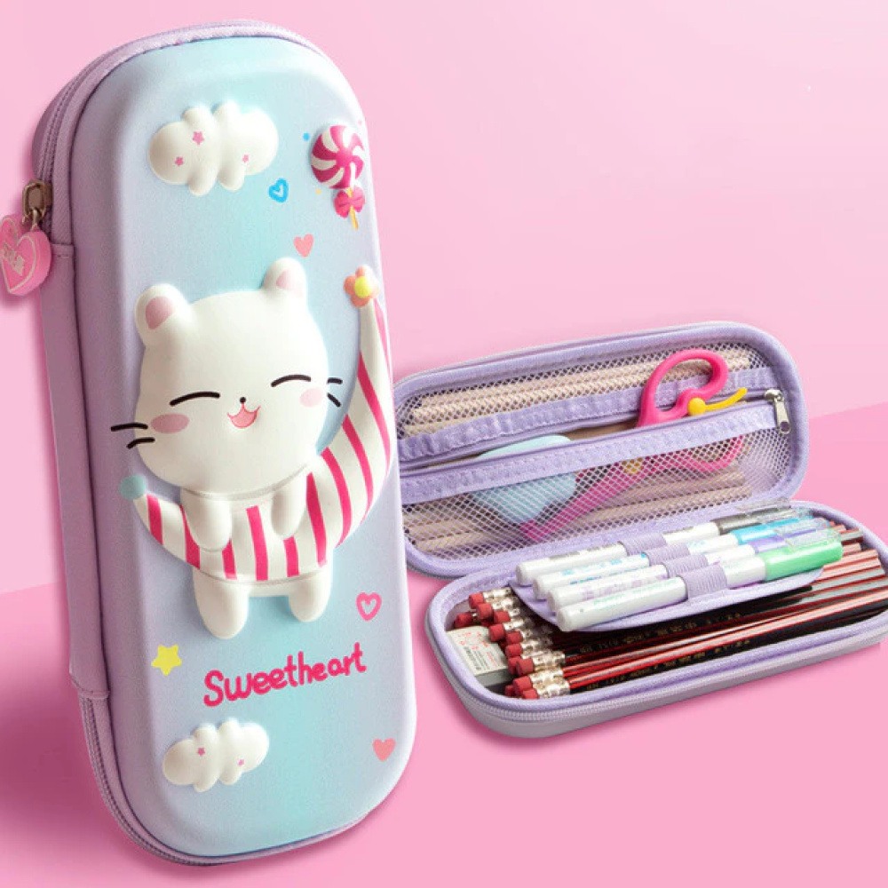 Ovale harde etui met kattenmotief Stijve ovale etui met kattenmotief, interne opbergruimte en pennen