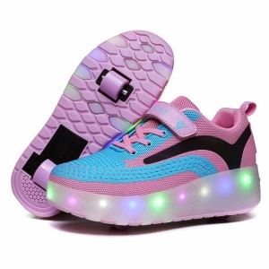 Roze en blauwe tennisschoenen met twee wielen voor kinderen met LED-lampjes