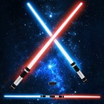 Rood en blauw Star Wars lichtzwaard met ruimte hemelachtergrond