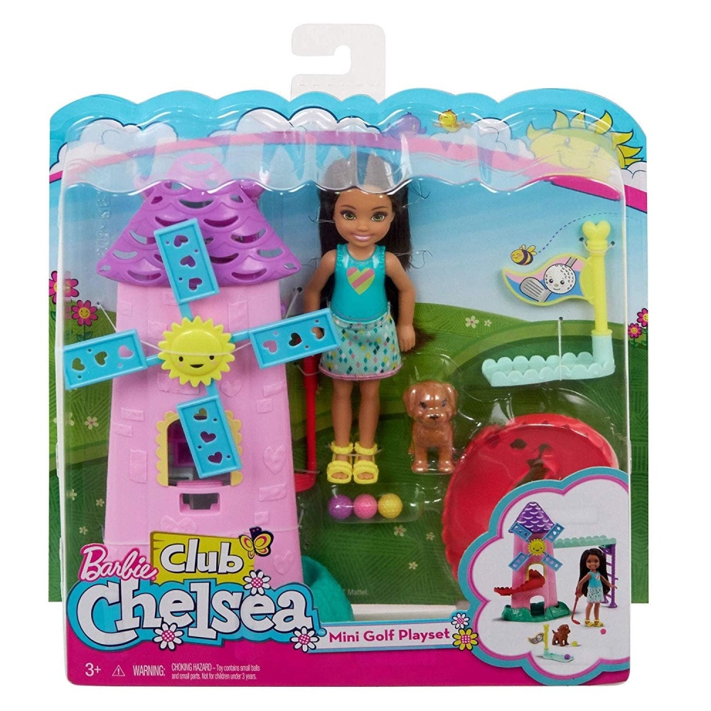 Barbie club chelsea golfbaan Barbie club chelsea golfbaan met roze en blauwe molen en golf accessoires