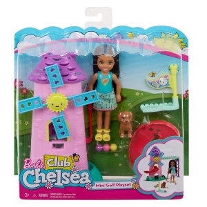 Barbie club chelsea golfbaan met roze en blauwe molen en golf accessoires