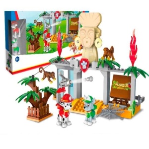 Patrouille Marshall en Rocky gekleurd met witte achtergrond met een boom en een standbeeld en sinaasappels