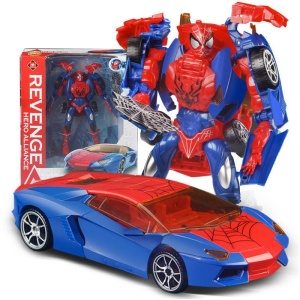 Spiderman transformator auto in blauw en rood met spinnenmotief