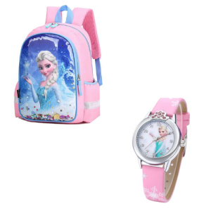 Elsa rugzak + horlogepakket in roze en blauw met sneeuwkoninginmotief