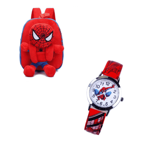 Mini pluche rugzak met spiderman 2 horloge in rood en blauw