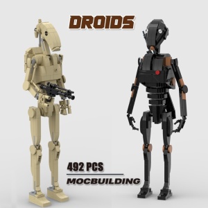 Beige en zwarte lego-achtige droid figuurtjes uit de Star Wars serie