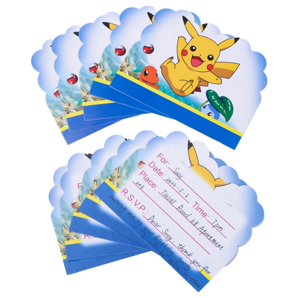 Papieren Pokémon verjaardag uitnodigingskaarten met pikachu bulbizarre motief op een blauwe achtergrond