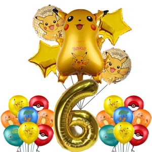 Pokémon verjaardagsdecoratie voor kinderen in goud met nummer en ballonnen met pokemon motieven