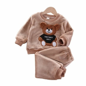Pyjamaset van flanel en fleece voor kinderen in bruin met beer op de voorkant