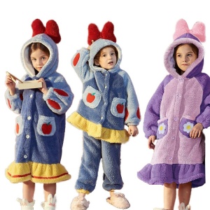 Zachte en warme Disney-kinderpyjamaset in blauw en paars met capuchon met vetertje
