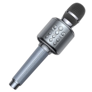 Een grijze karaokemicrofoon voor kinderen. Hij heeft verstelknoppen op het handvat. Het handvat is gemaakt van genaaide stof.