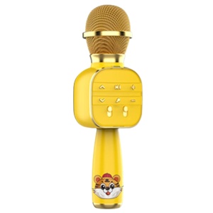 Een karaokemicrofoon voor kinderen. Hij is knalgeel met een kleine cartoontijger op het handvat. Bovenaan de hals zitten knoppen om hem af te stellen. De bovenkant van de microfoon is goudkleurig.
