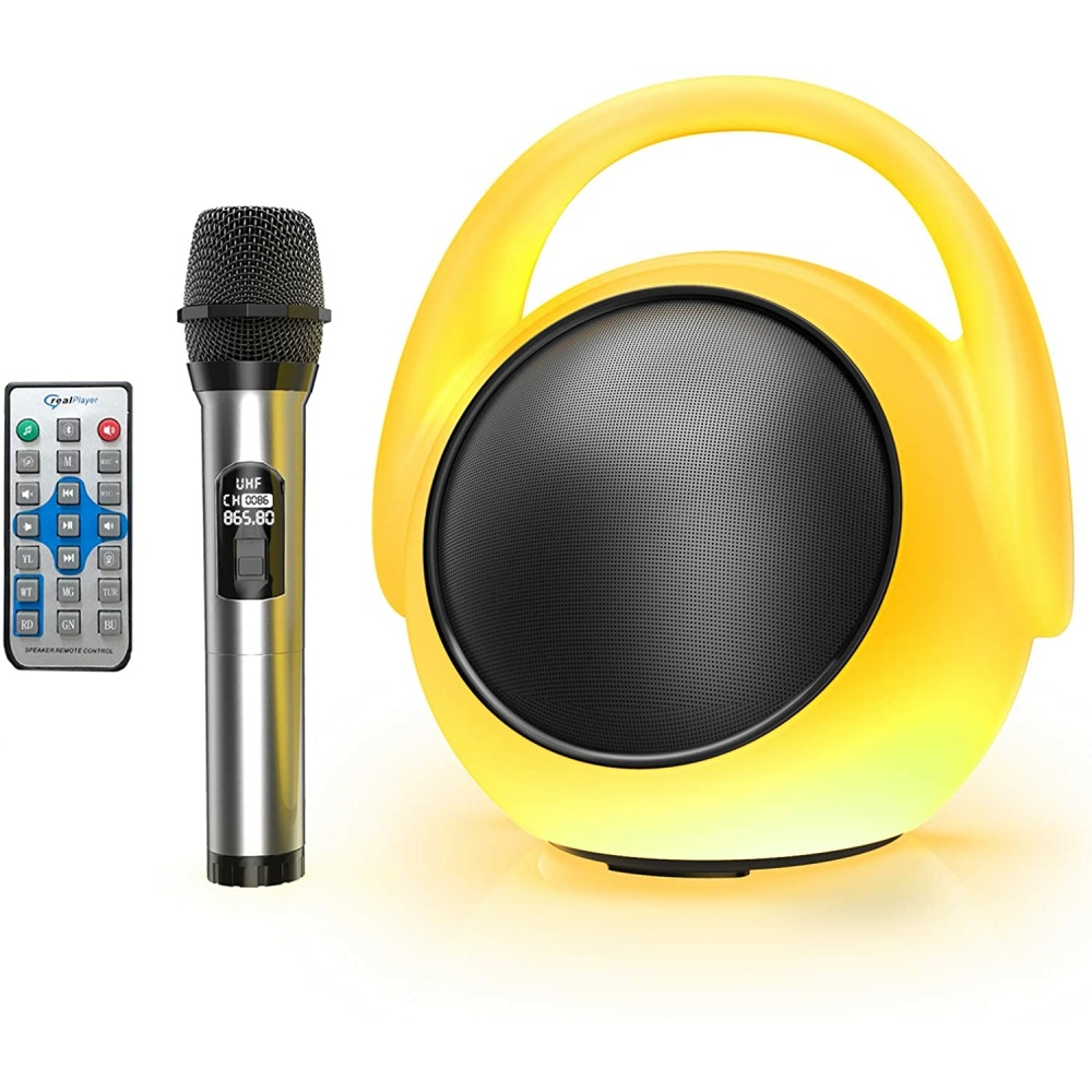 Een karaokemicrofoon voor kinderen met gele en zwarte luidspreker en grijze draadloze afstandsbediening.