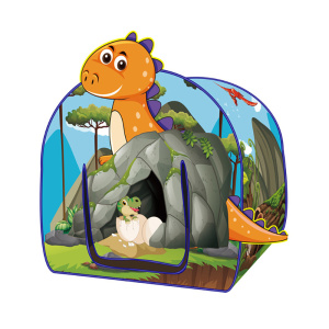 Een kleurrijke kindertipi met een dinosaurusmotief op de voorkant en een natuurtafereel op de zijkant. Aan de voorkant zit een deur met een afbeelding van dinosauruseieren.