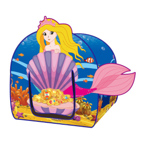 Blauw met roze kasteelvormige tipi voor meisjes met een zeemeermin erop gedrukt. Op de deur staan onderwaterschatten afgebeeld.
